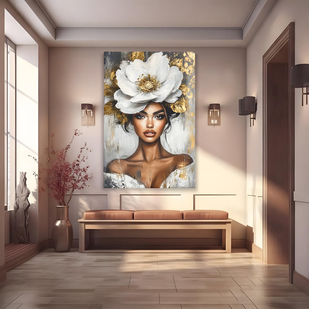 Tablou canvas cu tablou canvas cu portret de femeie si floare, fara rama, pe sasiu de lemn